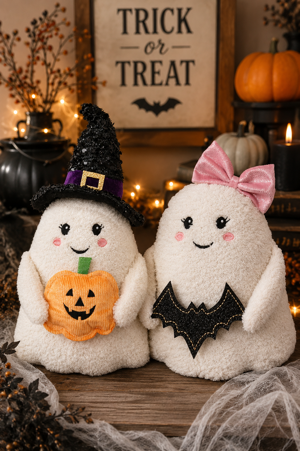 Plush Pink Bow Sitting Ghost with Bat