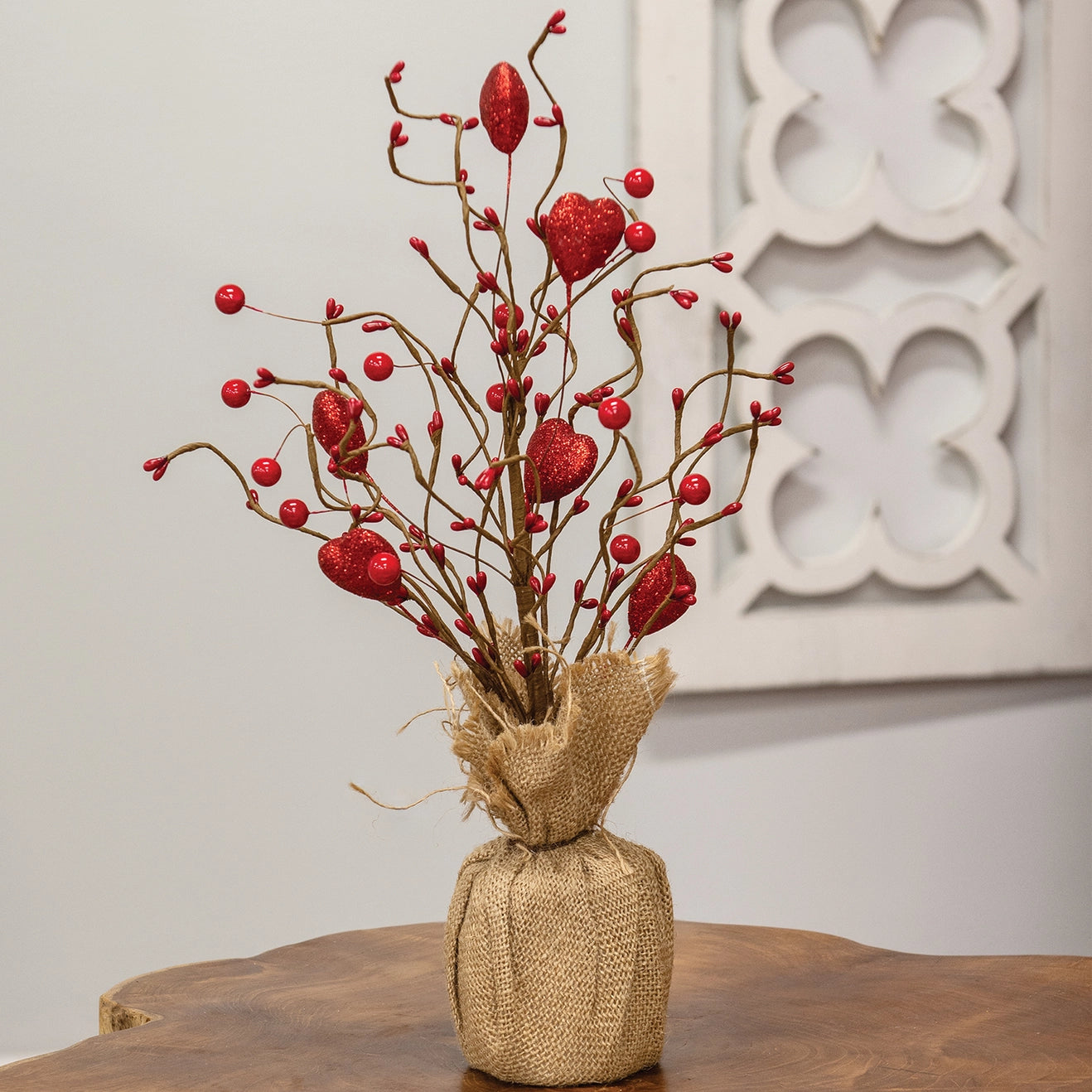 Red Heart & Berries Tree With Burlap Base 43cm - DECEMBER ARRIVAL