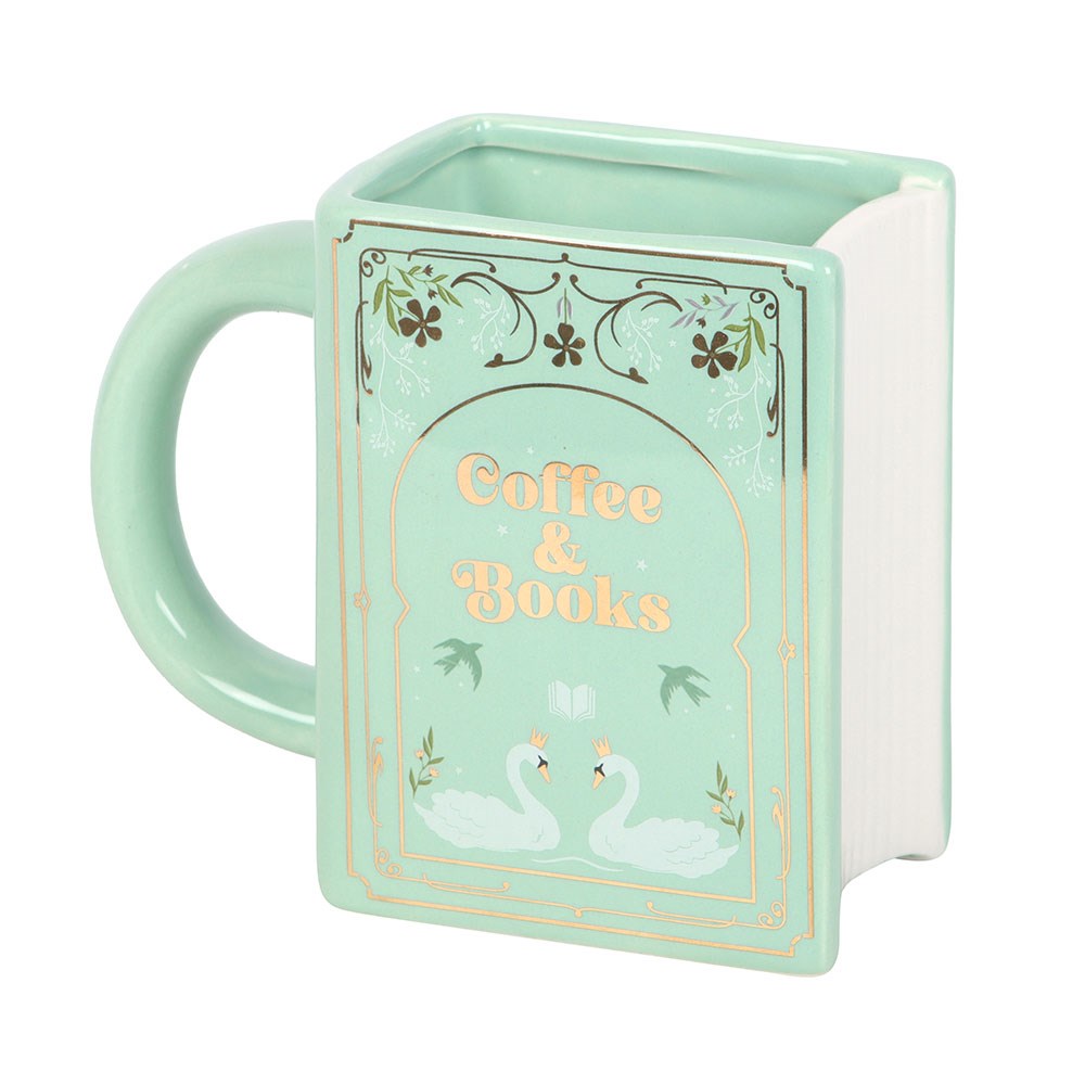 “Coffee and Books” Green Ceramic Book Shaped Mug
