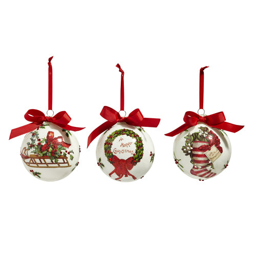 Merry Christmas Glass Baubles with Red Bow Assorted