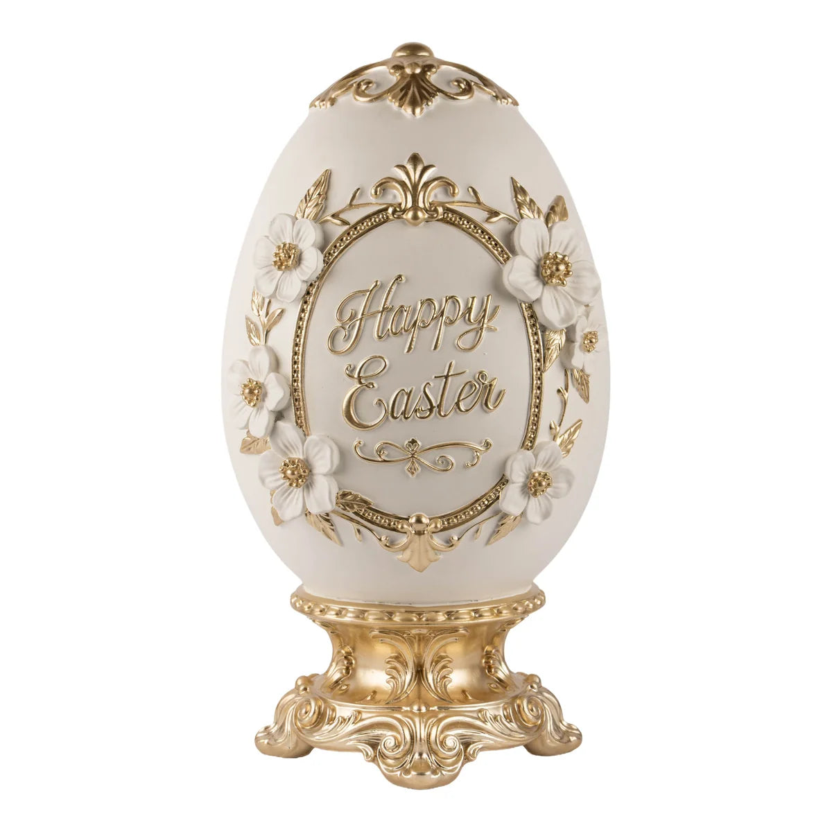 PRE ORDER - Australian Exclusive Ivory and Gold Floral Happy Easter Egg Pedestal 45cm - 2027 LATE JANUARY ARRIVAL