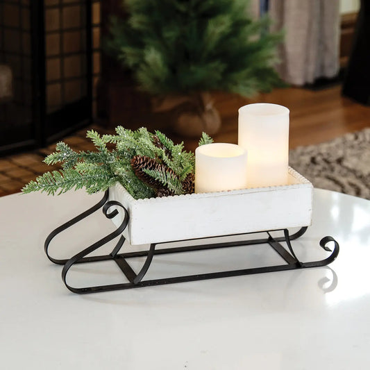 Distressed White Wood & Metal Sled With Beaded Edging 41cm - LATE SEPTEMBER ARRIVAL