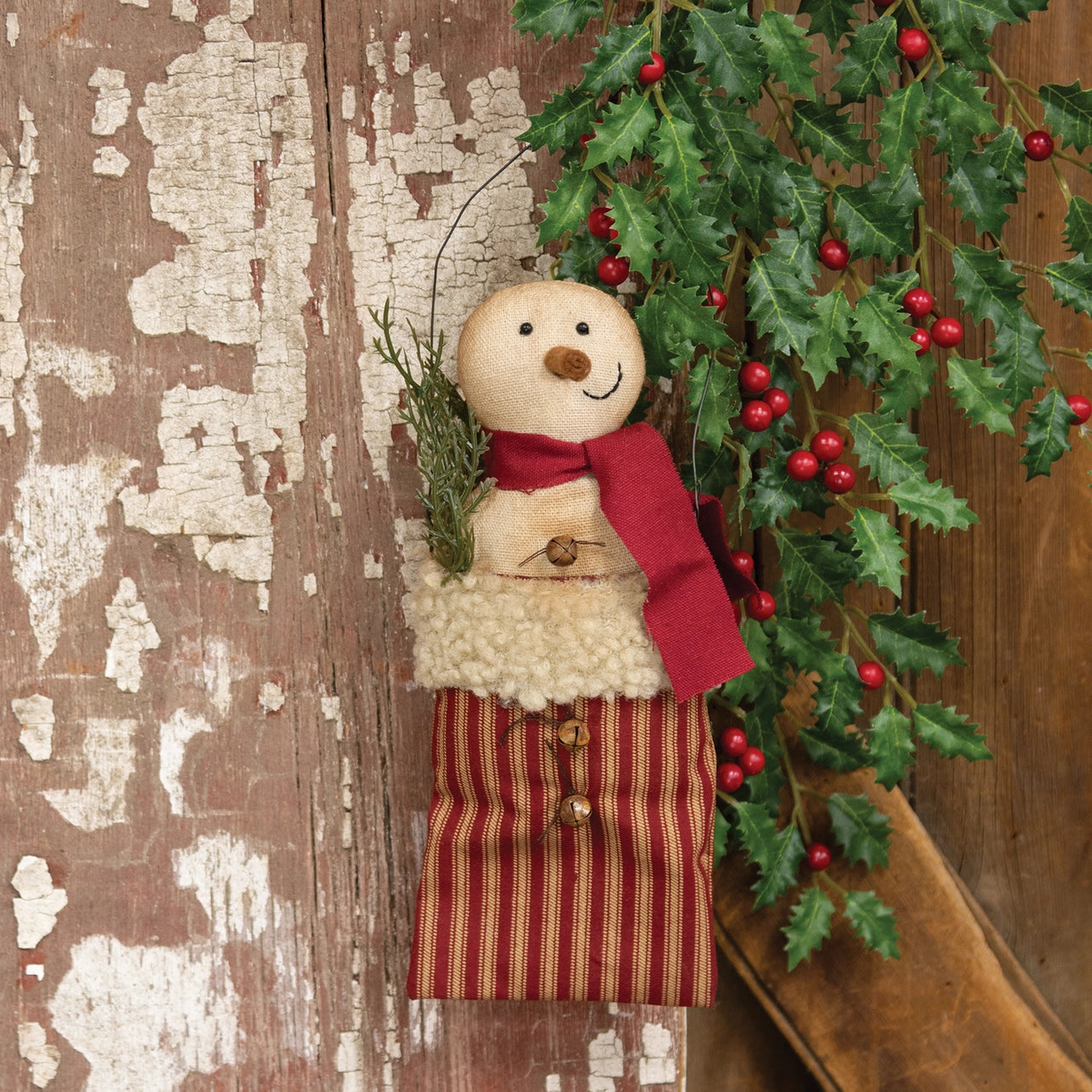 Stuffed Jingle Snowman With Pine in Stripe Sack Hanger 24cm