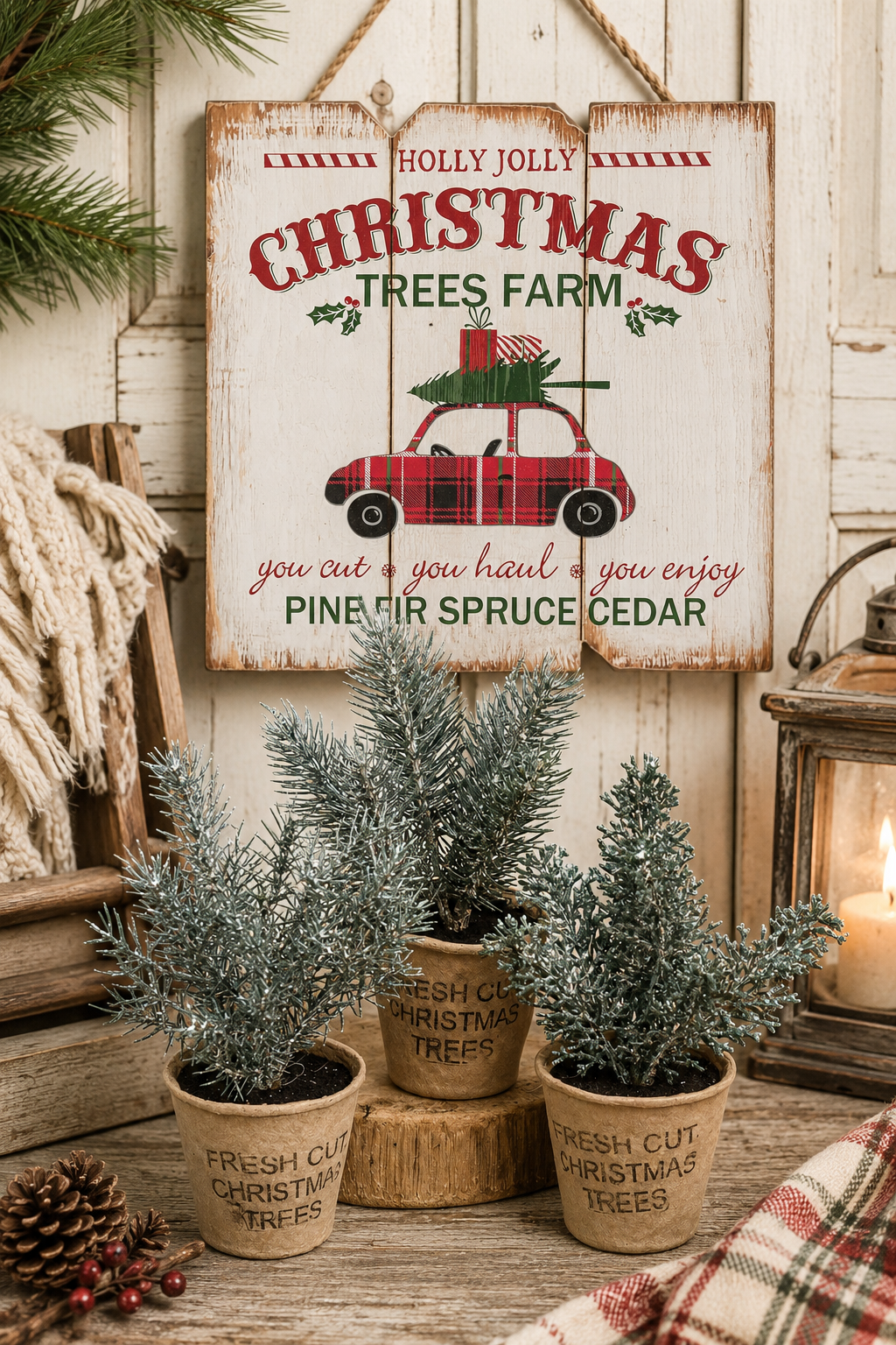 PRE ORDER - Small Frosted Fresh Cut Pine Trees in Rustic cardboard Cup - 2026 AUGUST ARRIVAL