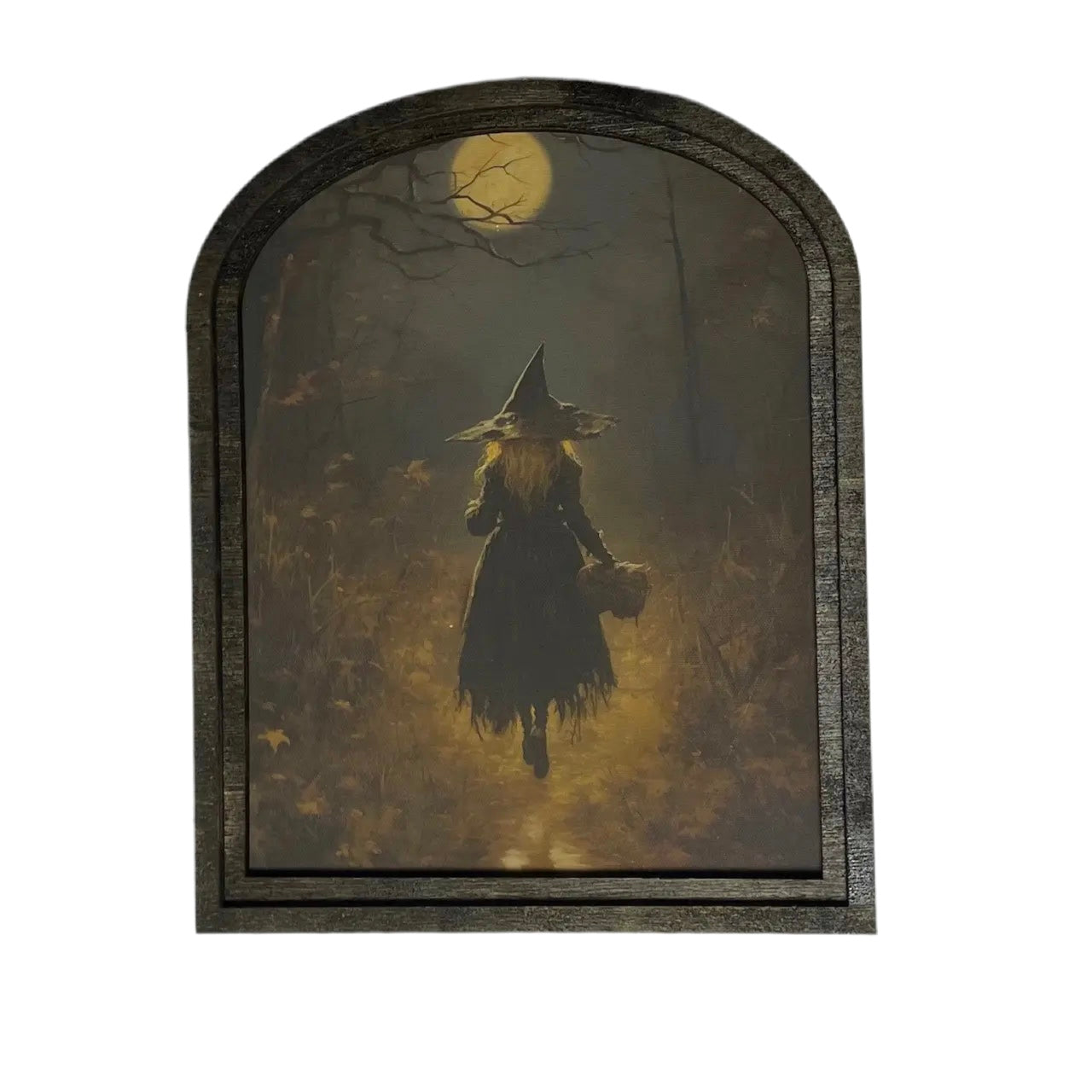 Witch Walking in Moonlight in Rustic Black Arched Wooden Frame