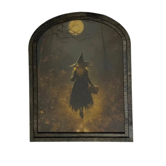 Witch Walking in Moonlight in Rustic Black Arched Wooden Frame - MID SEPTEMBER ARRIVAL