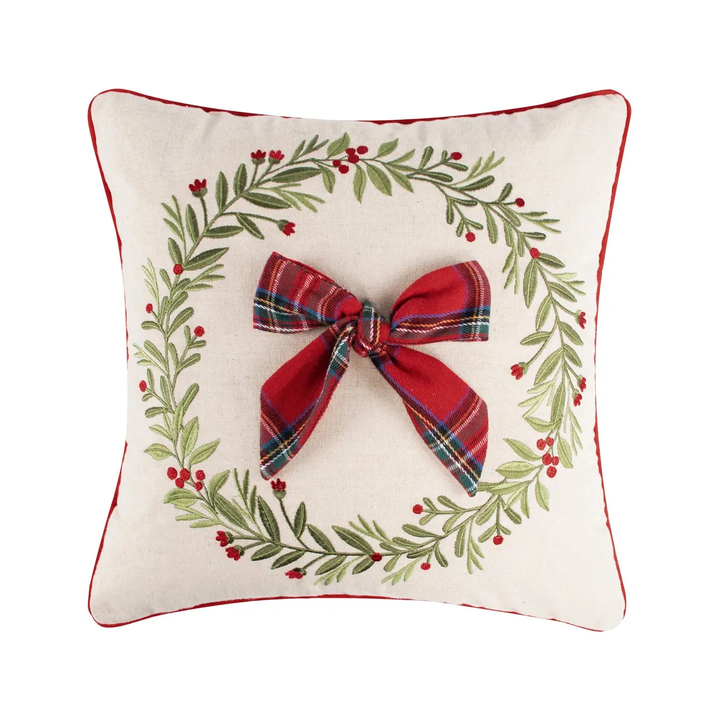 Merry Tartan Bow Pillow With Wreath