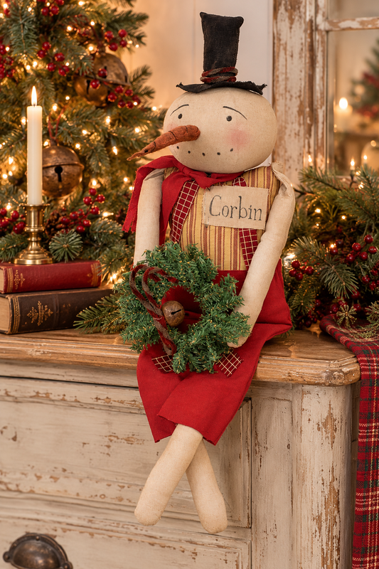 PRE ORDER - Primitive Corbin Snowman Doll with Pine Wreath 66cm - 2026 OCTOBER ARRIVAL