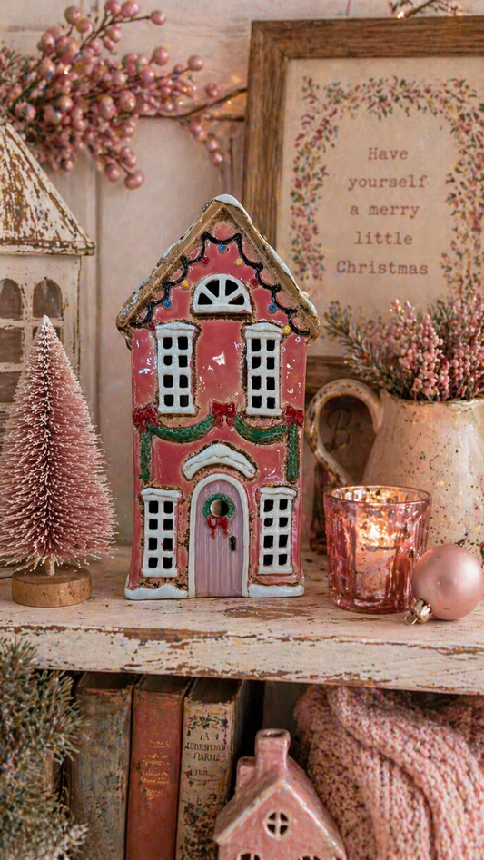 PRE ORDER - Pink Pottery Christmas Tea Light House - 2026 SEPTEMBER ARRIVAL
