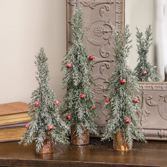 Winter Frost Pine Tree With Red Baubles 34cm - LATE SEPTEMBER ARRIVAL