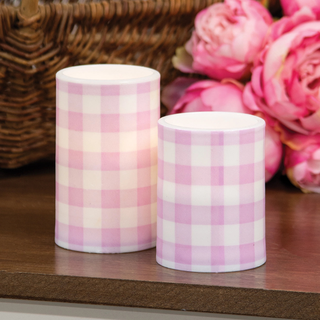 Small Pink Gingham Timer Pillar Candle
