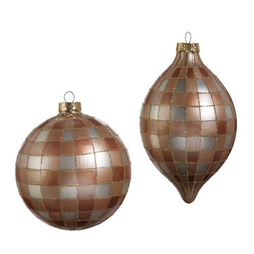 Brown Gingham Glass Ornaments Assorted