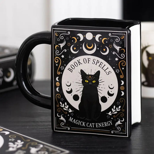 Black Cat Magic Book of Spells Ceramic Book Shaped Mug