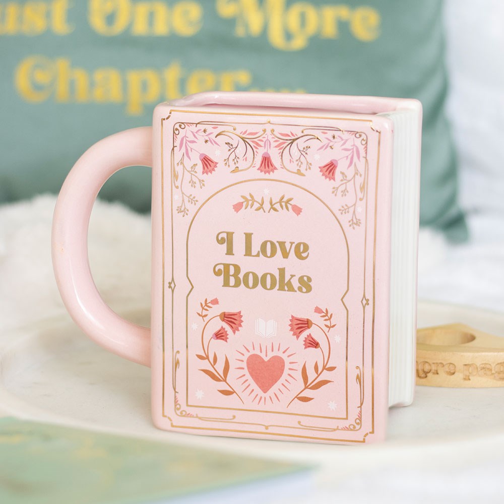 “I Love Books” Pink Book Shaped Ceramic Mug