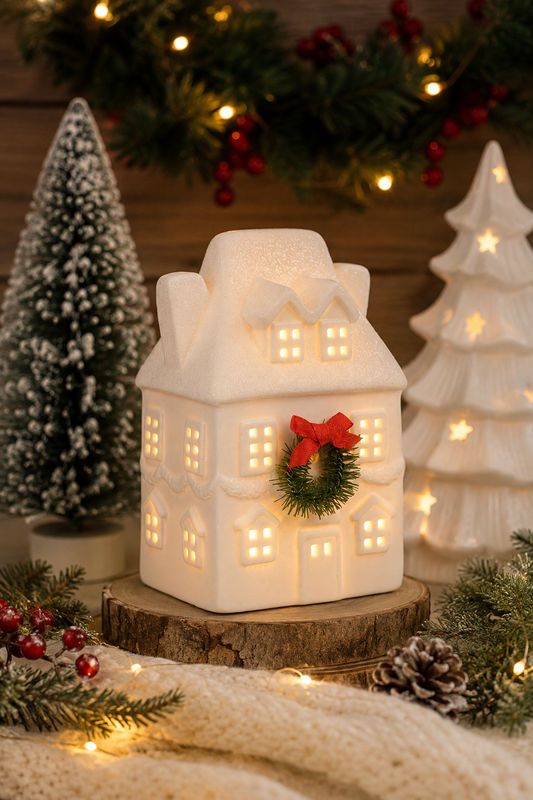 PRE ORDER - White Light up Christmas Village Cottage With Wreath - 2026 OCTOBER ARRIVAL