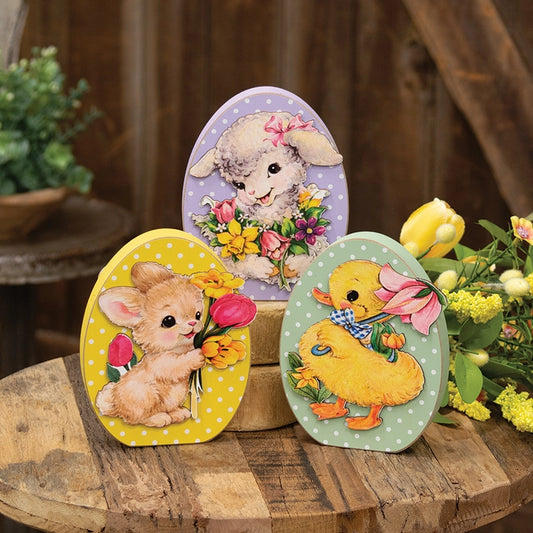 PRE ORDER - Vintage Bunny, Lamb & Duckling Wooden Egg Sitter Assorted - 2026 NOVEMBER ARRIVAL