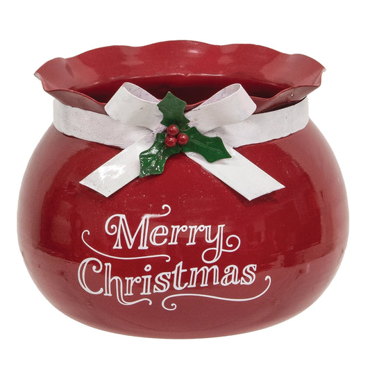 Red Metal Merry Christmas Santa Sack Pot