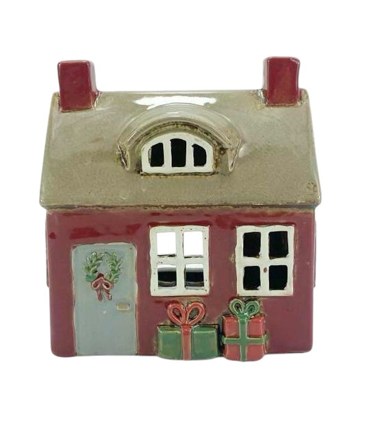 PRE ORDER - Red Christmas Pottery Tea Light House With Presents - 2026 SEPTEMBER ARRIVAL