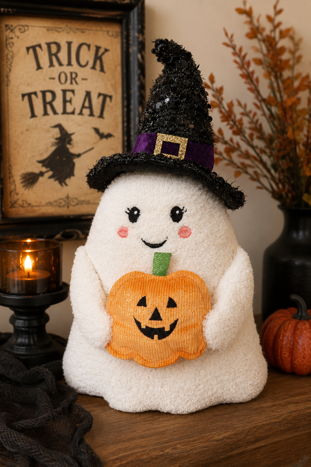 PRE ORDER - Plush Witch Hat Sitting Ghost with Pumpkin - 2026 LATE AUGUST ARRIVAL