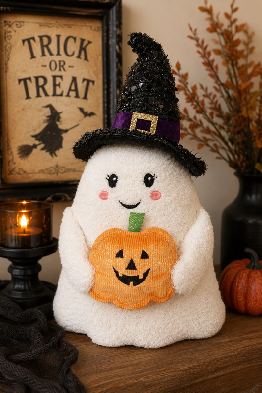 PRE ORDER - Plush Witch Hat Sitting Ghost with Pumpkin - 2026 LATE AUGUST ARRIVAL