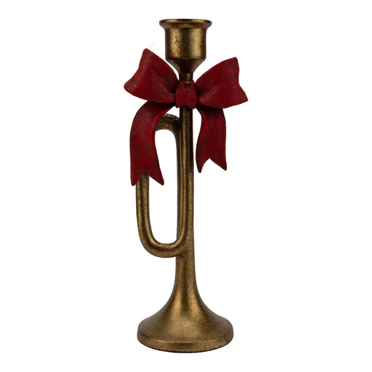 PRE ORDER - Resin Gold Trumpet With Red Bow Candle Holder 26cm - 2026 OCTOBER ARRIVAL