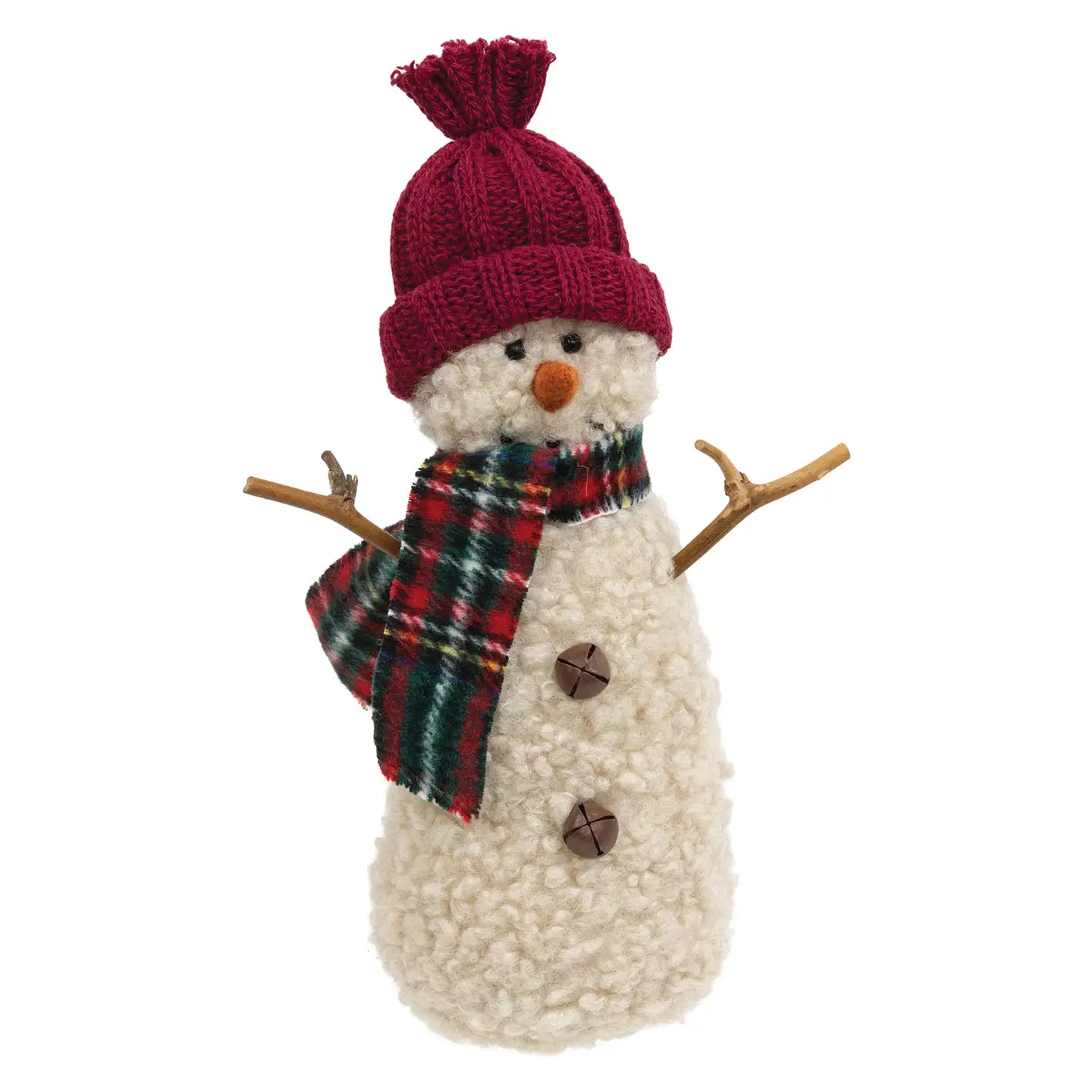 Burgundy Hat Primitive Snowman With Green & Red Plaid Scarf 24cm