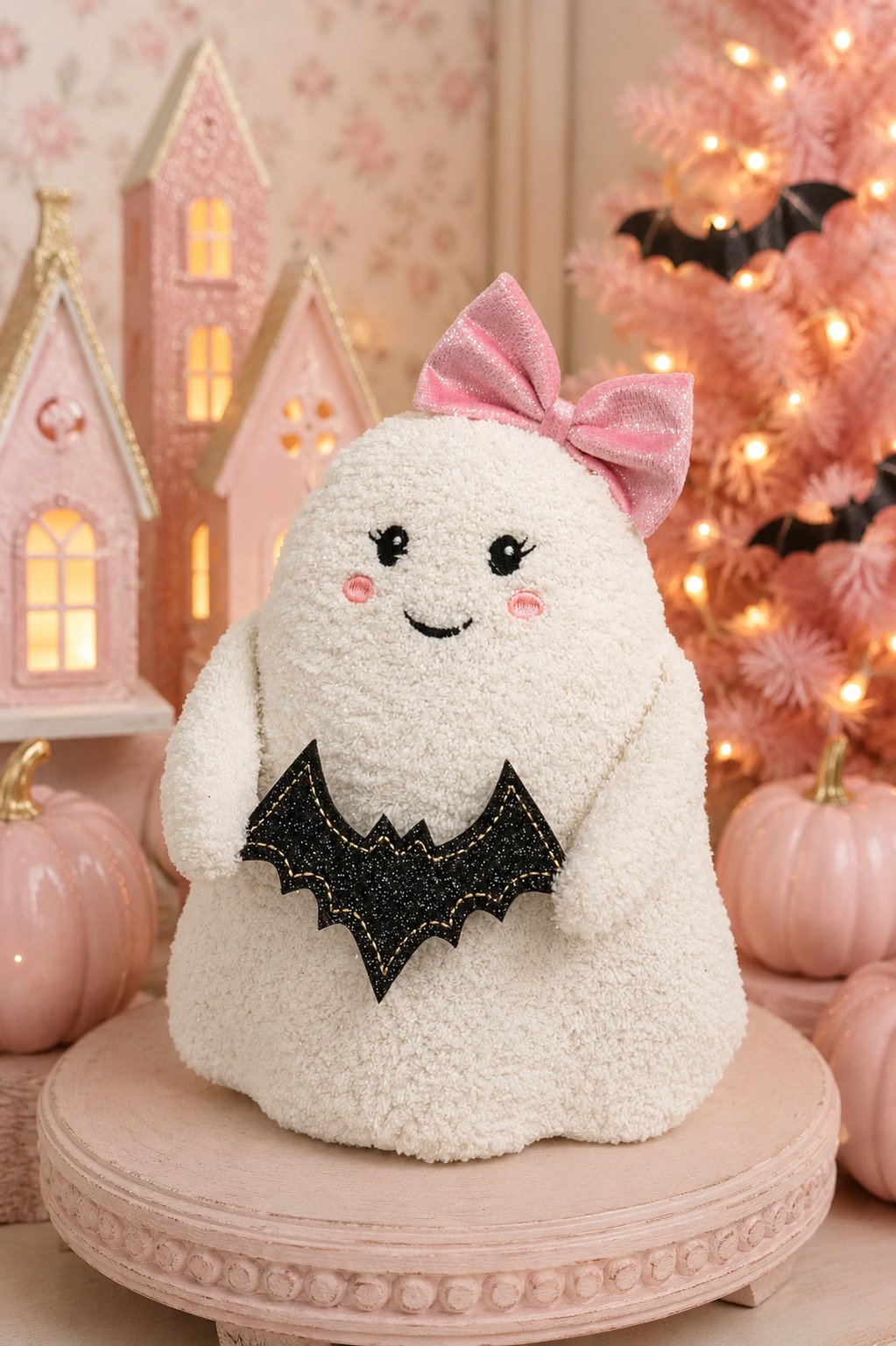 Plush Pink Bow Sitting Ghost with Bat