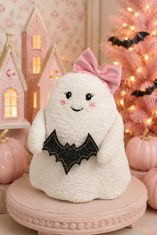 PRE ORDER - Plush Pink Bow Sitting Ghost with Bat - 2026 LATE AUGUST ARRIVAL