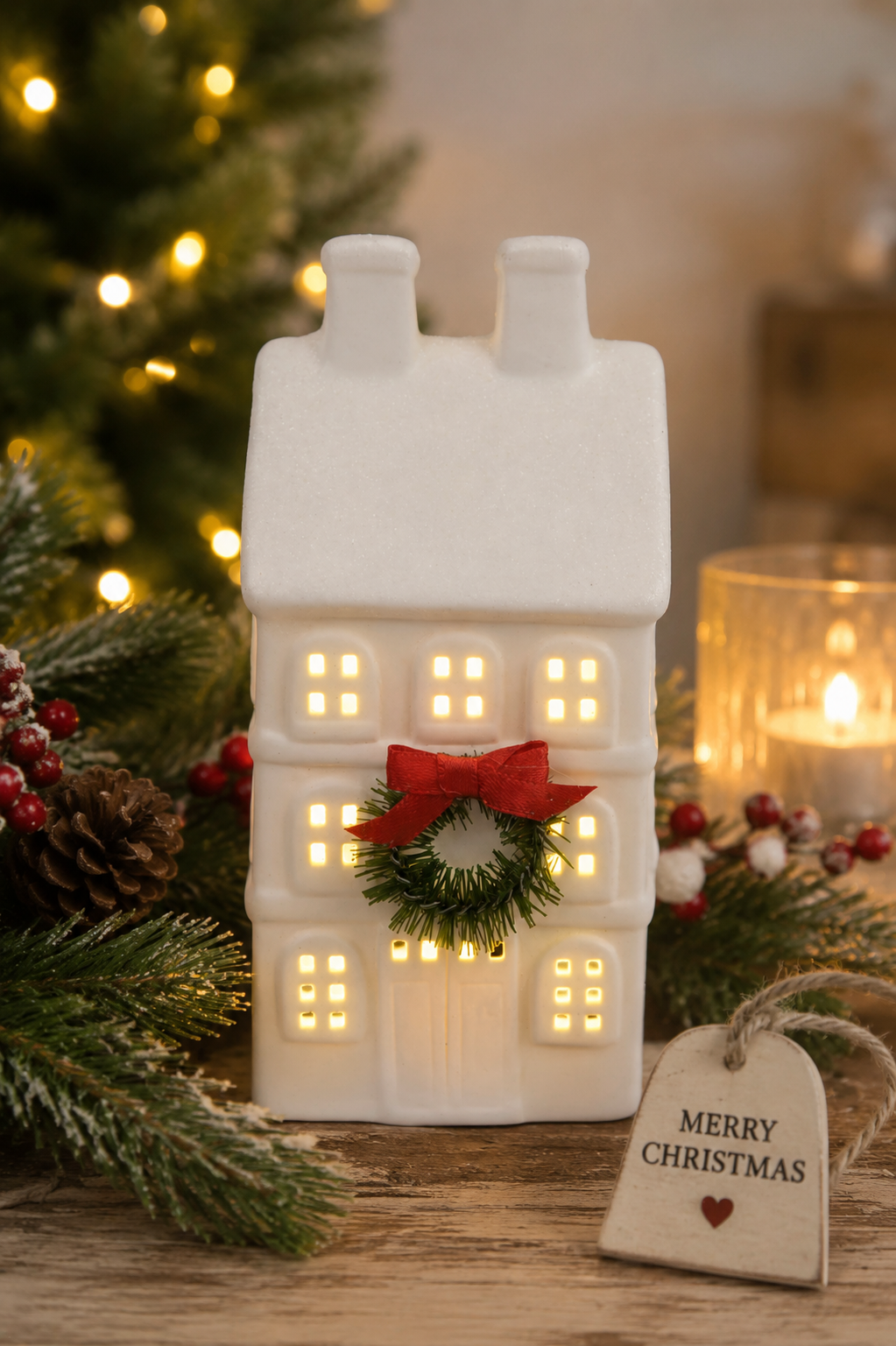 PRE ORDER - White Light up Christmas Village Townhouse With Wreath - 2026 OCTOBER ARRIVAL