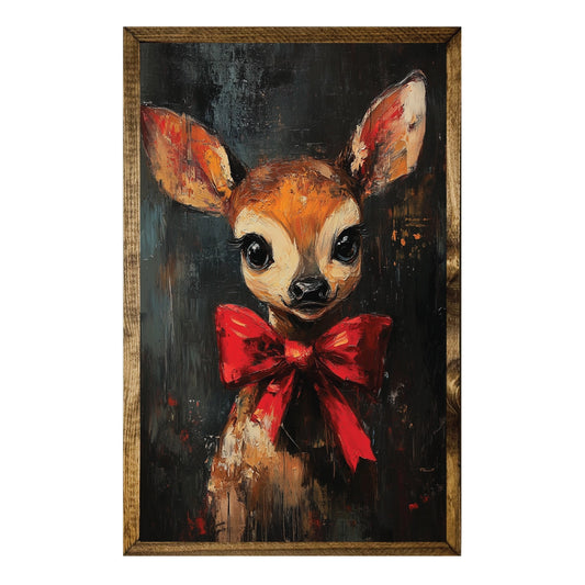 PRE ORDER - Baby Deer With Red Christmas Bow Wooden Framed Print - 2026 OCTOBER ARRIVAL