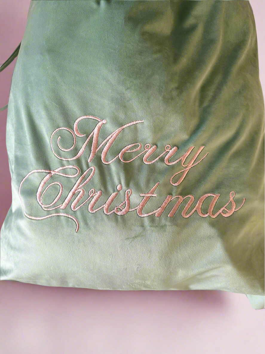 Sage Green “MERRY CHRISTMAS ” Luxury Velvet Santa Sack