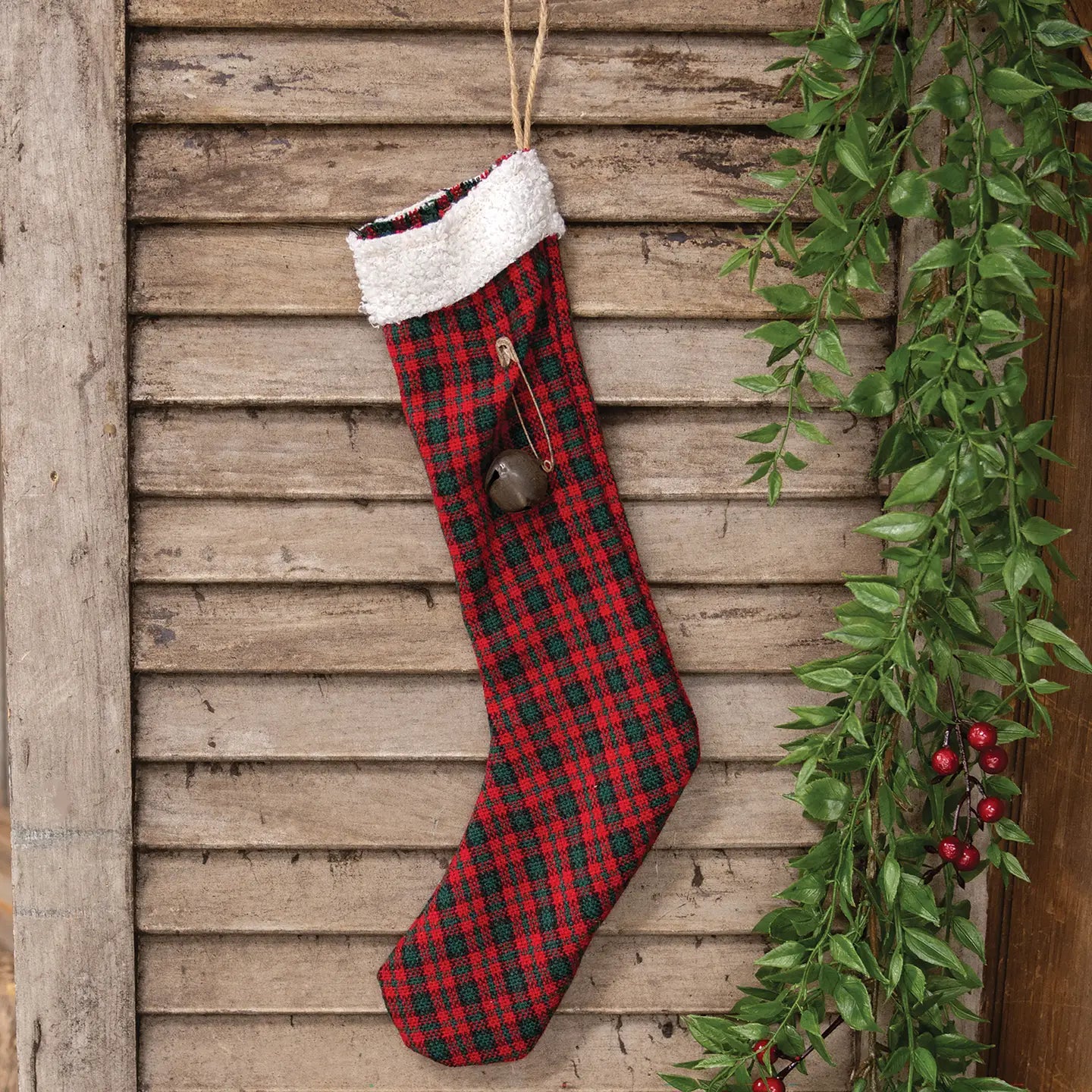 Red & Green Plaid Stocking with Rustic Jingle Bell 36cm