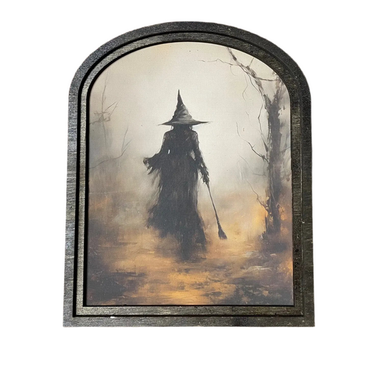 Witch in Dark Forest with Broom in Rustic Black Arched Wooden Frame - MID SEPTEMBER ARRIVAL