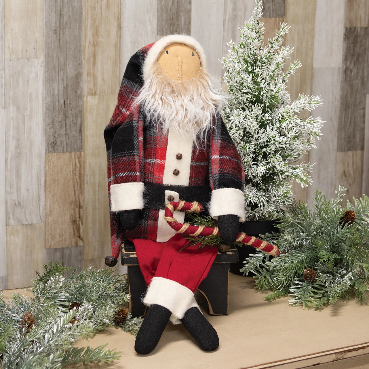 Plaid Coat Santa Doll With Jingle Bell Candy Cane 58cm