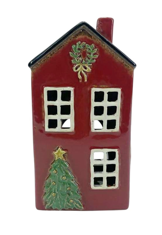 PRE ORDER - Red Pottery Christmas Tea Light House With Tree & Wreath - 2026 SEPTEMBER ARRIVAL
