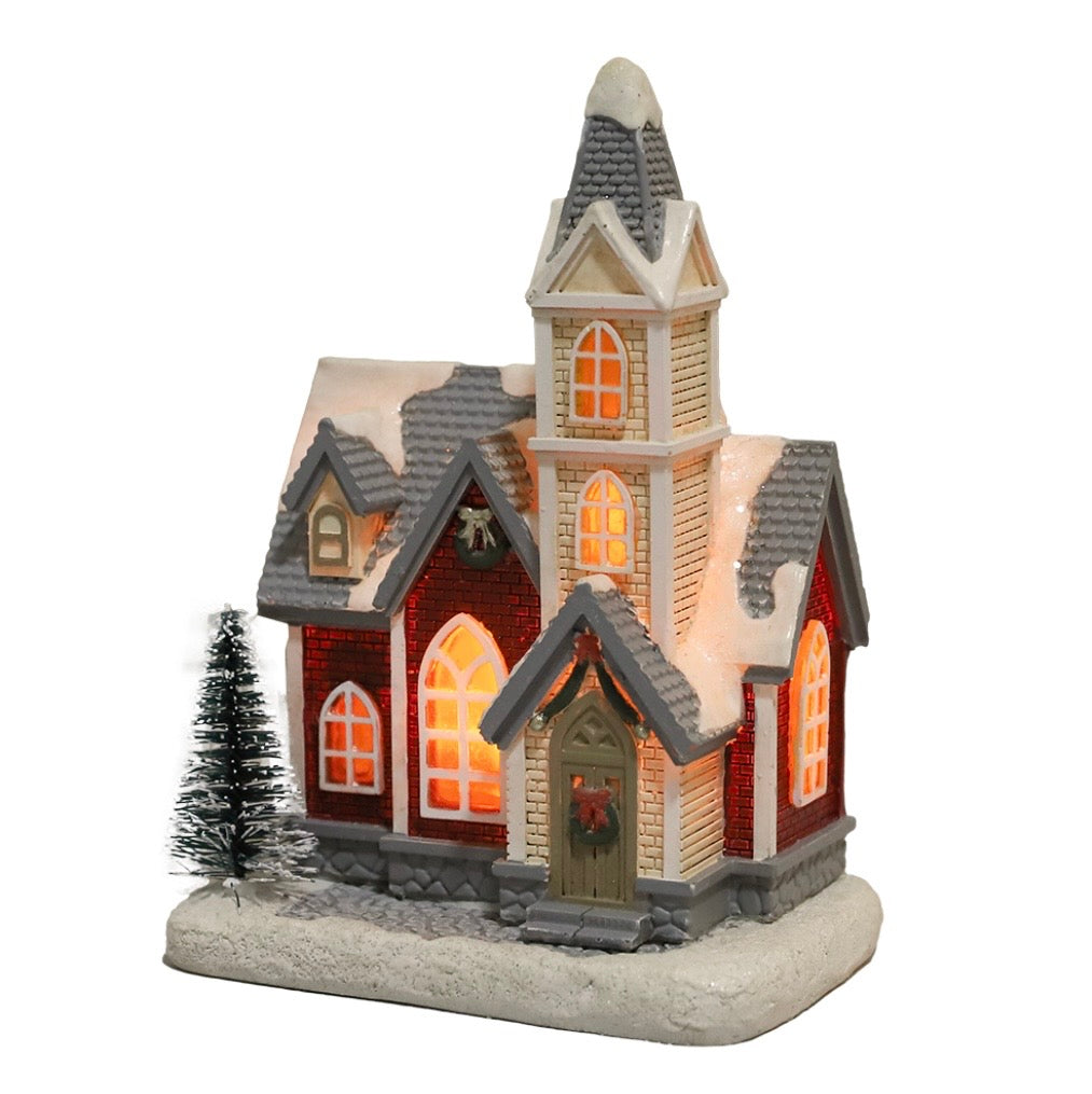 Resin Light Up Village House with Church