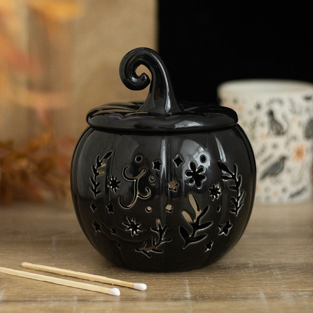Black Folk Ceramic Pumpkin Oil Burner and Wax Warmer