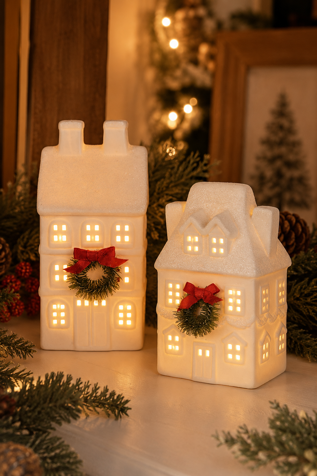 PRE ORDER - White Light up Christmas Village Cottage With Wreath - 2026 OCTOBER ARRIVAL