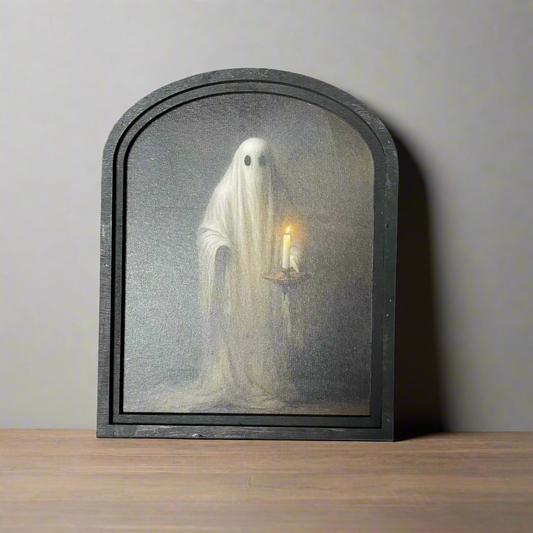 Haunting Ghost Holding Candle in Rustic Black Arched Frame