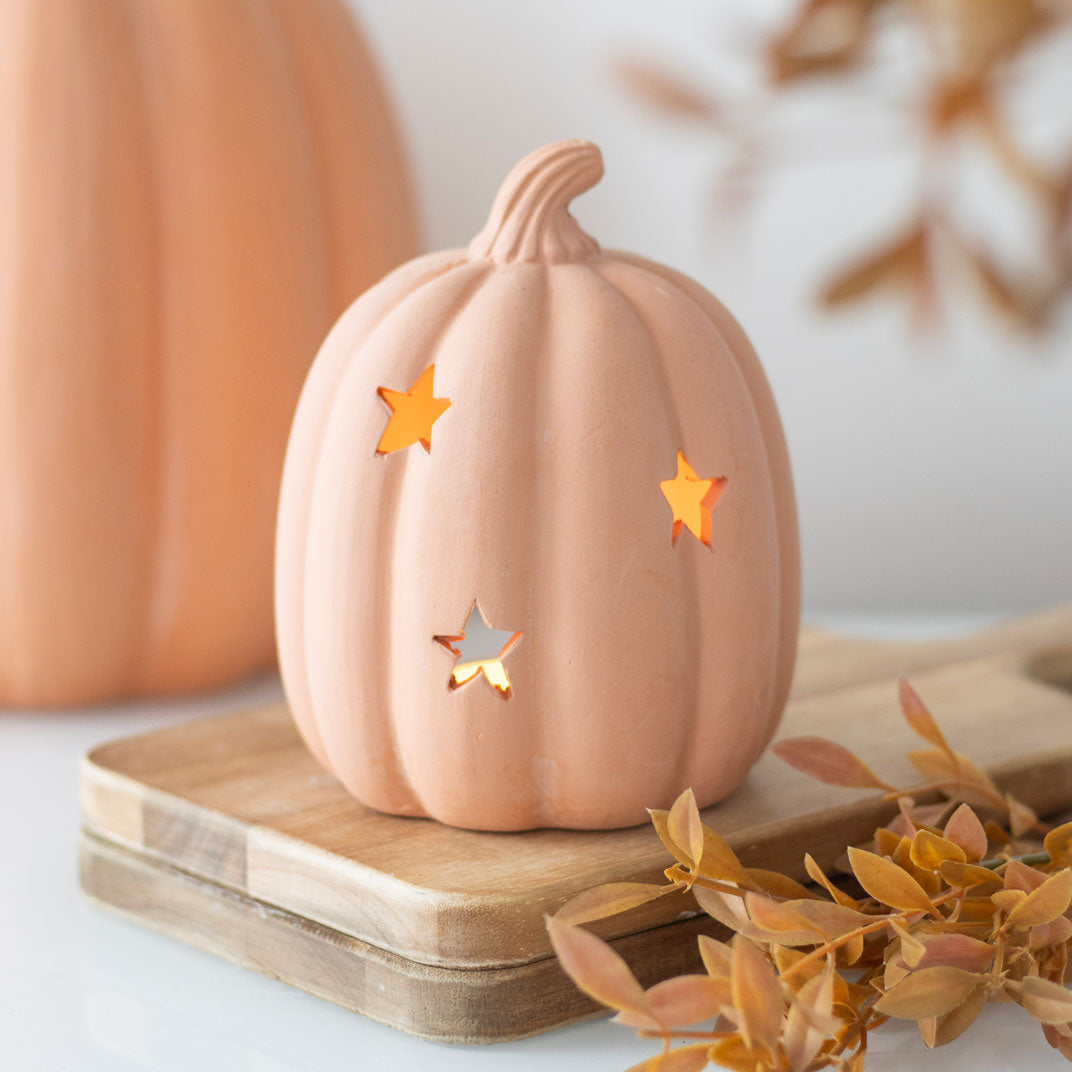 Terracotta Pumpkin Tealight Holder with Stars 10cm