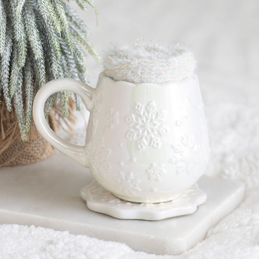 PRE ORDER - Iridescent White Snowflake Mug, Coaster and Socks Set - 2026 SEPTEMBER ARRIVAL