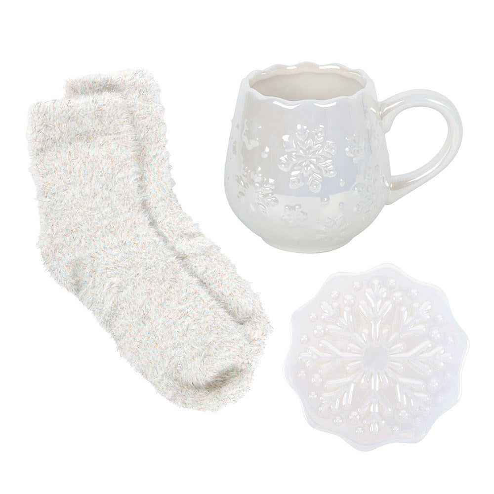 PRE ORDER - Iridescent White Snowflake Mug, Coaster and Socks Set - 2026 SEPTEMBER ARRIVAL