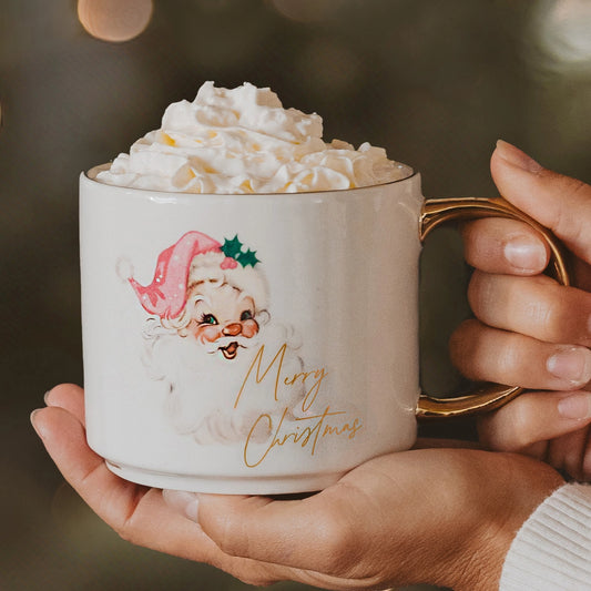 Vintage Pink Santa Coffee Mug with Gold Handle