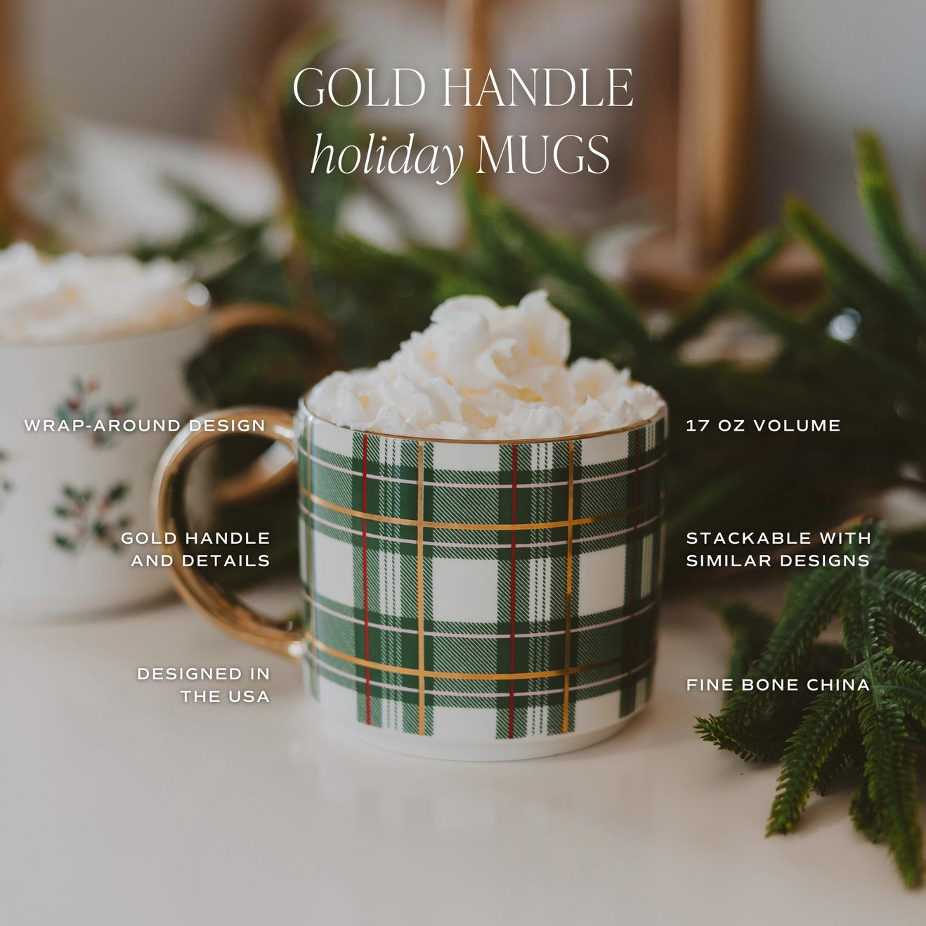 Classic Green Plaid Coffee Mug with Gold Handle