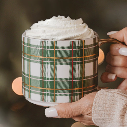 Classic Green Plaid Coffee Mug with Gold Handle