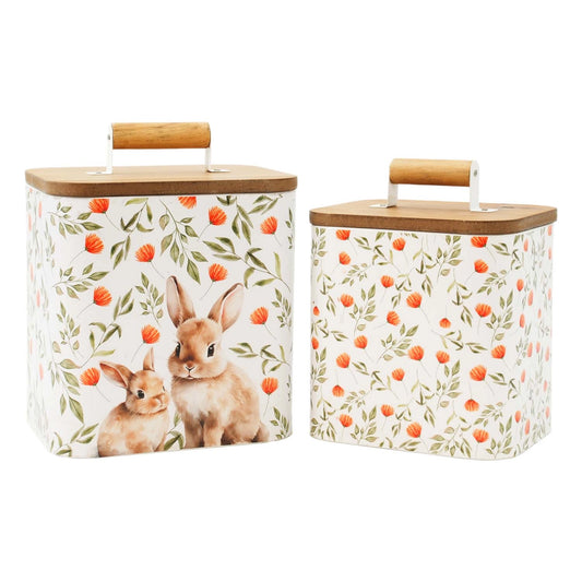 Floral Bunny Metal Containers with Wood Lid Set of 2