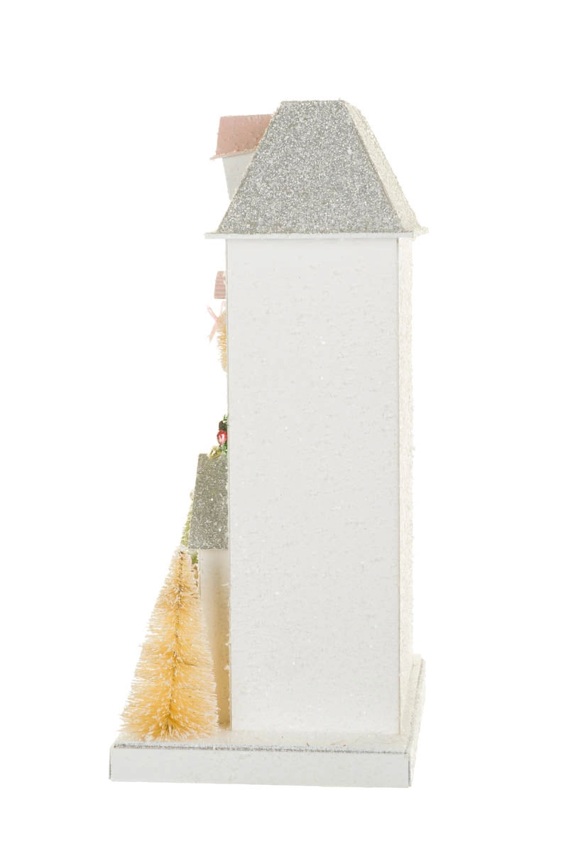 White Glittery Illuminated House with Bow Wreaths