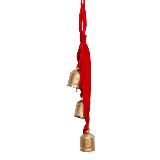 3 Cluster Rustic Gold Bells With Red Ribbon Hanging 40cm