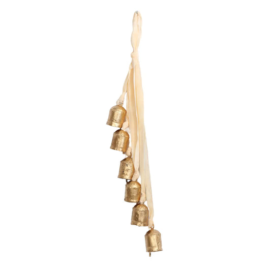 6 Cluster Rustic Gold Bells With Cream Velvet Ribbon Hanging 52cm