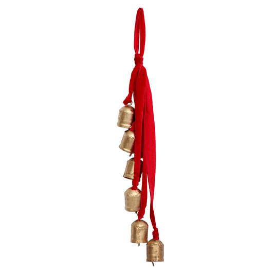 6 Cluster Rustic Gold Bells With Red Velvet Ribbon Hanging 52cm